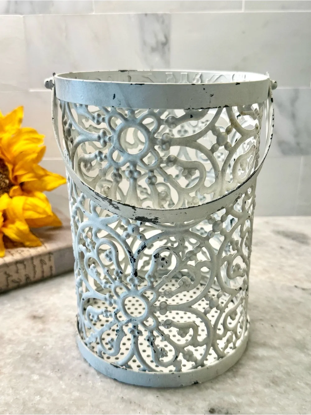 New Rustic Distressed Ornate Chippy White Metal Bucket Holder Decor - 7” x 5”